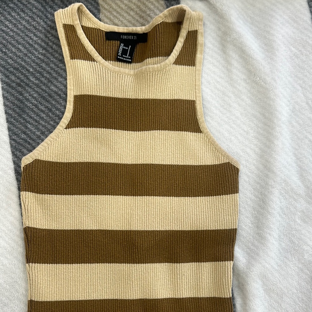 Forever 21 Cream and Brown Striped Sleeveless Sweater